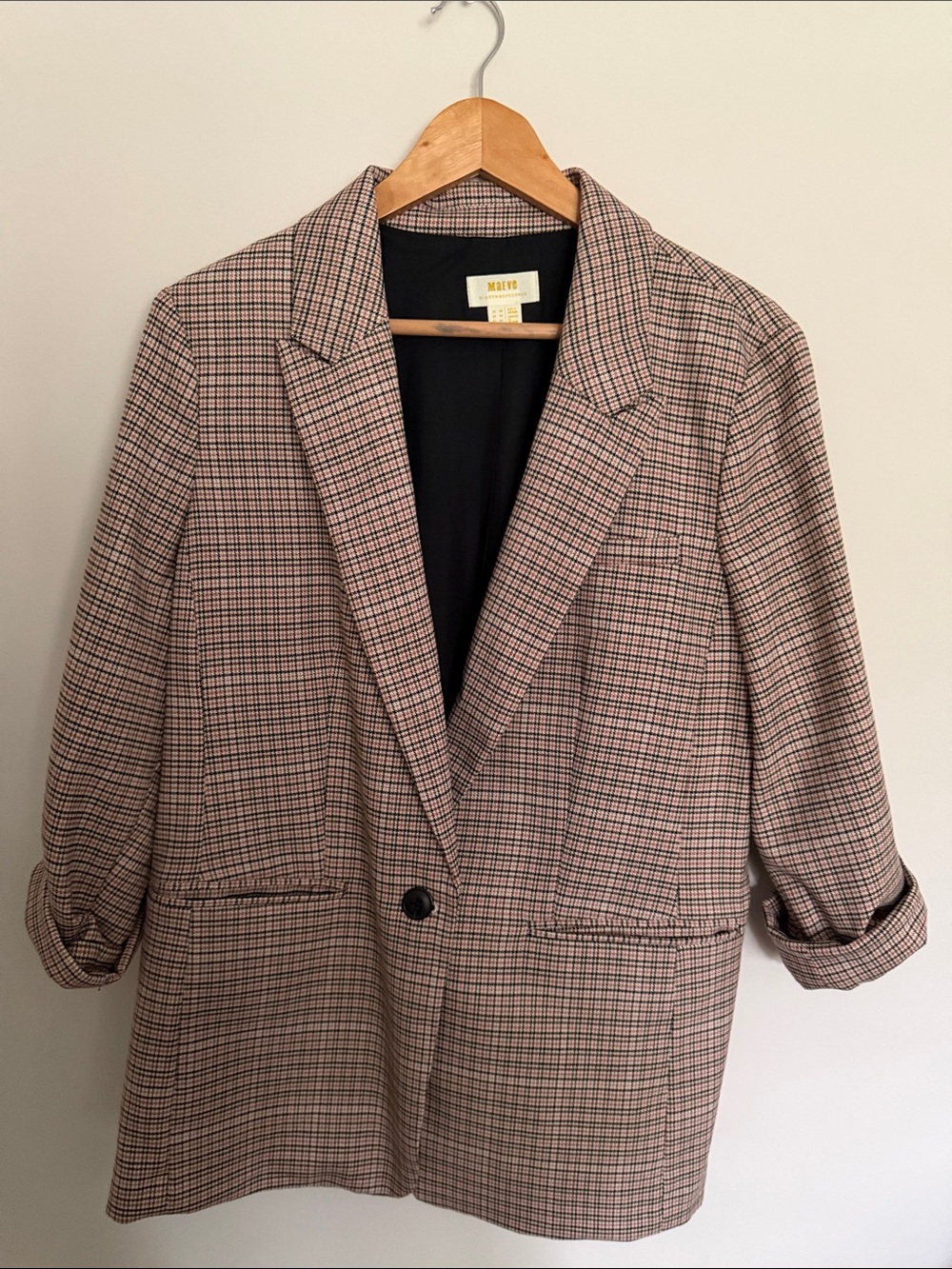 Maeve Anthropologie Checked Blazer in Beige and Black with Subtle Red Accents.